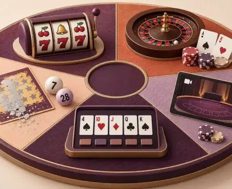 Viiteen osaan jaettu pelipöytä havainnollistaa nettikasinoiden kolikkopelejä, pöytäpelejä, live-kasinopelejä, videopokeria sekä arvonta- ja pikapelejä.