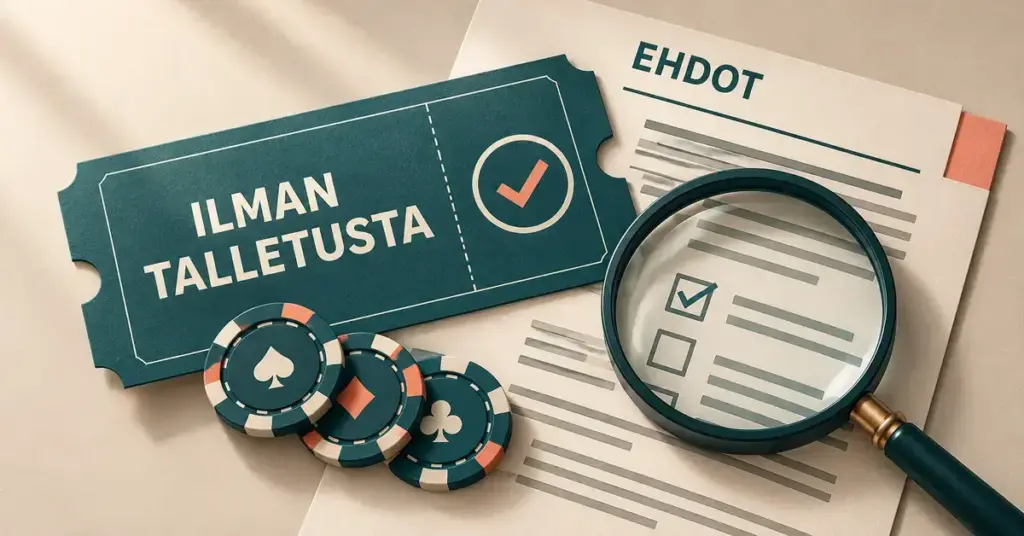 Ilman talletusta saatavaa kasinobonusta kuvaava kuponki, kolme pelimerkkiä ja suurennuslasi bonusehtojen päällä.